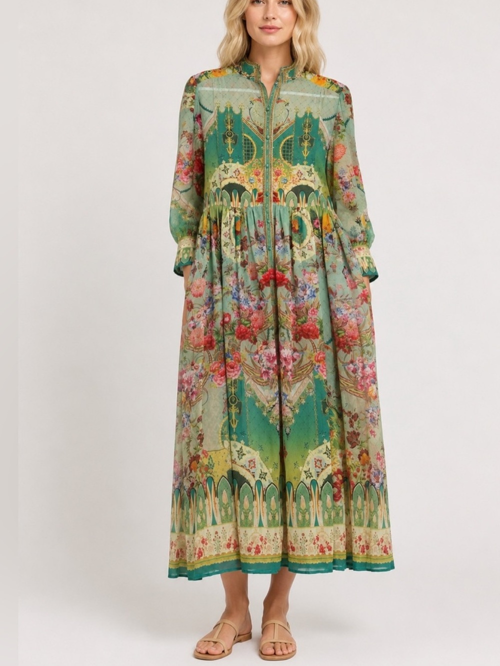 Karolina Sheer Floral Maxi Shirt Dress Button Front 25852